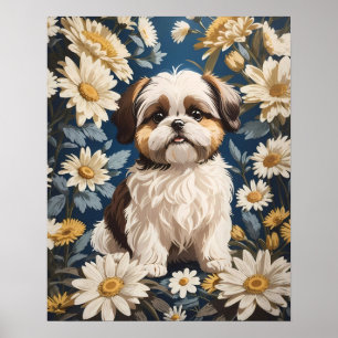 Cute Shih Tzu Dog White Daisy Flowers Poster