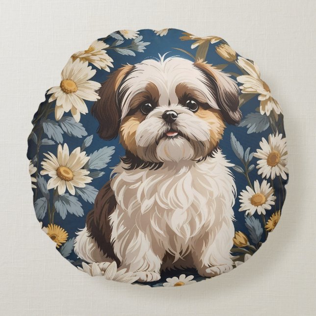 Cute Shih Tzu Dog White Daisy Flowers  Round Pillow (Front)
