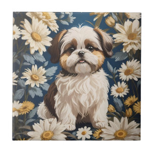 Cute Shih Tzu Dog White Daisy Flowers Tile