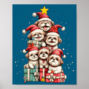 Cute Shih Tzu Le Dog Christmas Tree Xmas Hat Long  Poster