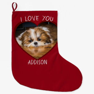 Cute shih tzu love Valentine heart photo Large Christmas Stocking
