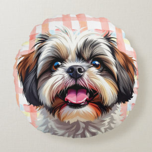 Cute Shih Tzu Pink Plaid Round Pillow