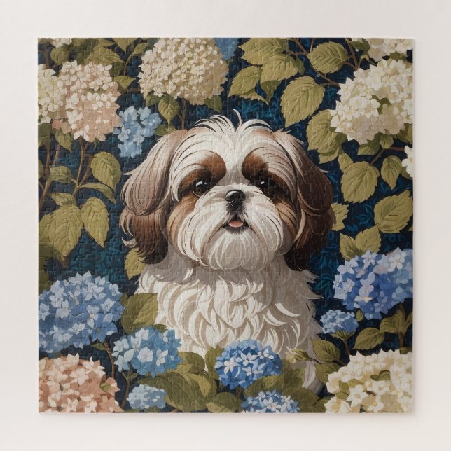 Cute Shih Tzu Puppy Blue hydrangea flowers Jigsaw Puzzle (Vertical)