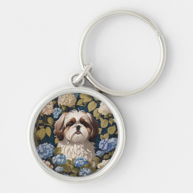Cute Shih Tzu Puppy Blue hydrangea flowers Keychain (Front)