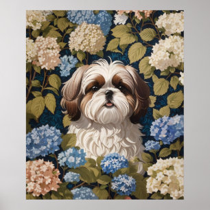 Cute Shih Tzu Puppy Blue hydrangea flowers Poster