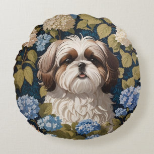 Cute Shih Tzu Puppy Blue hydrangea flowers Round Pillow