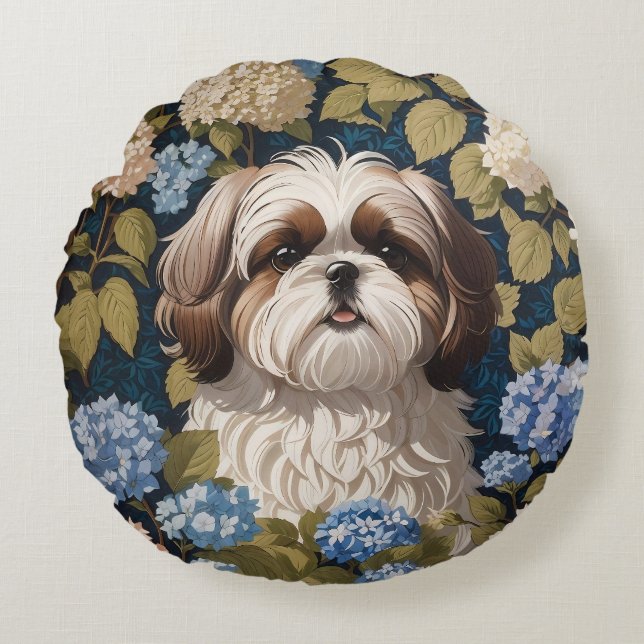 Cute Shih Tzu Puppy Blue hydrangea flowers Round Pillow (Front)