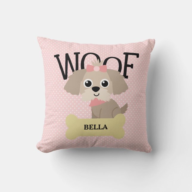 Cute Shih Tzu Puppy Dog on Pink Polka Dots Throw Pillow (Front)