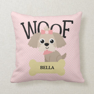 Cute Shih Tzu Puppy Dog on Pink Polka Dots Throw Pillow