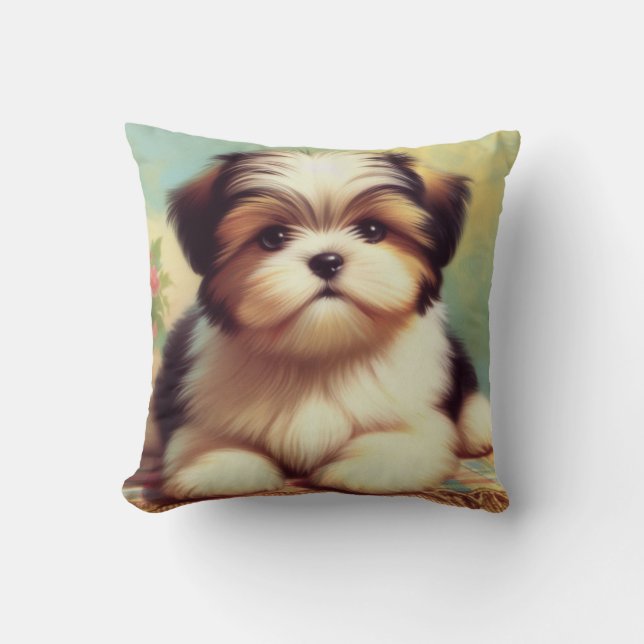 Cute Shih-Tzu Puppy Painting Throw Pillow (Front)