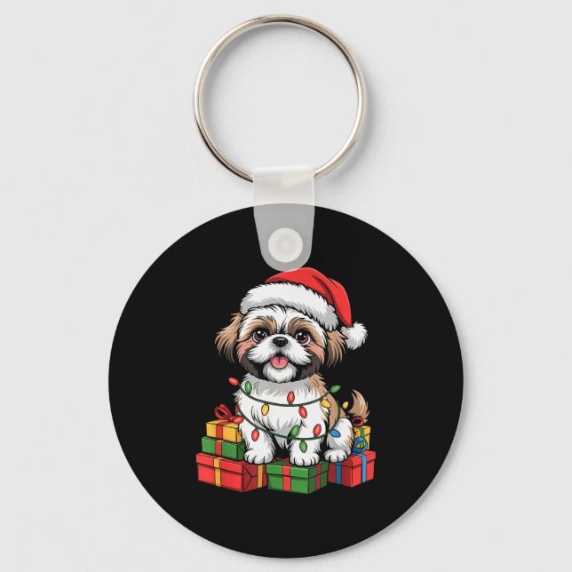 Cute Shih Tzu Santa Hat Christmas Xmas Dog Lovers  Keychain (Front)