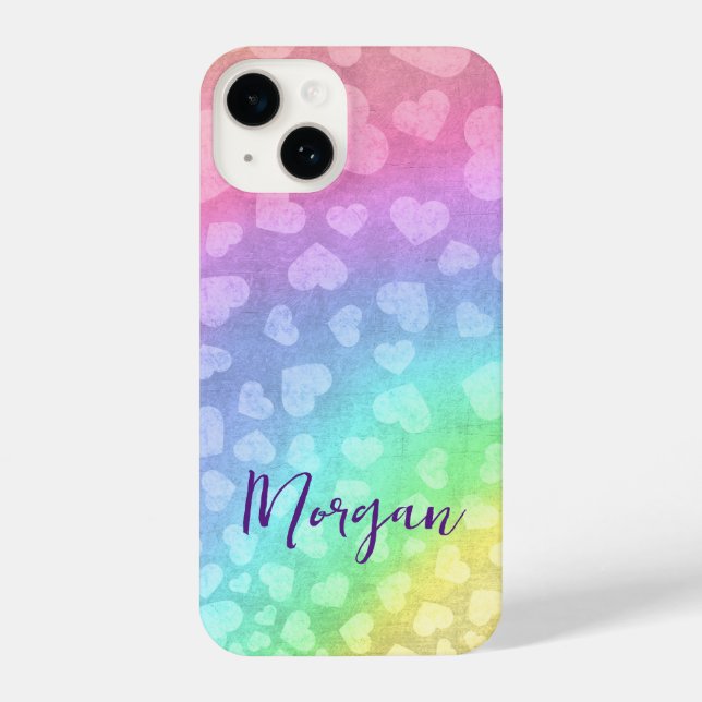 Cute Shimmering Rainbow Hearts Personalized iPhone Case (Back)