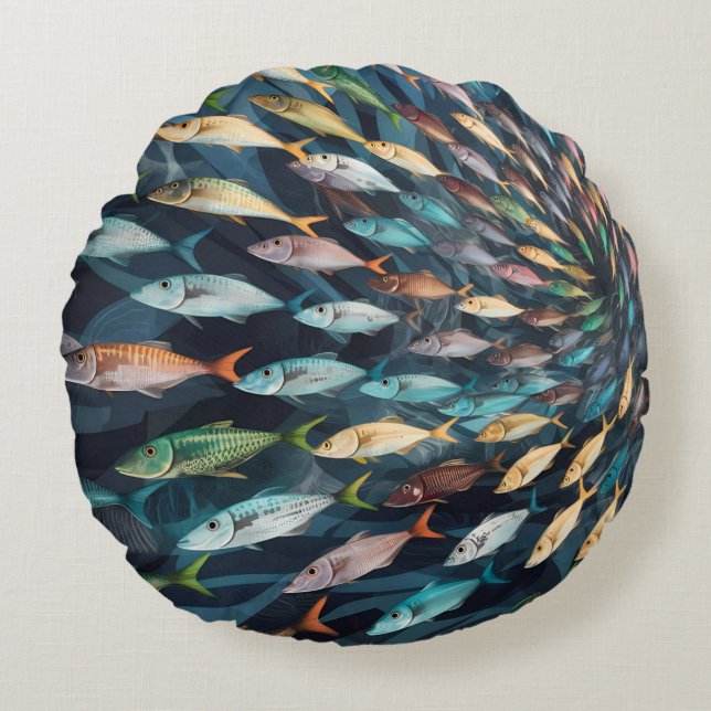 Cute shole of colorful fish round pillow (Front)