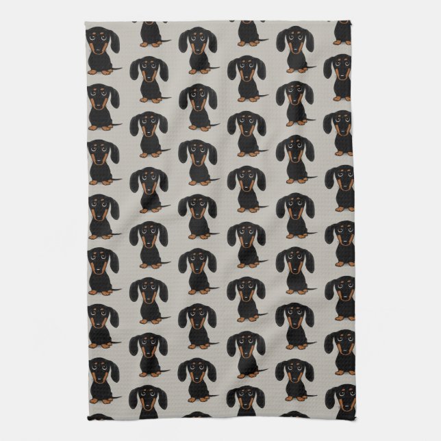 Cute Short Haired Black and Tan Dachshund Pattern Kitchen Towel (Vertical)