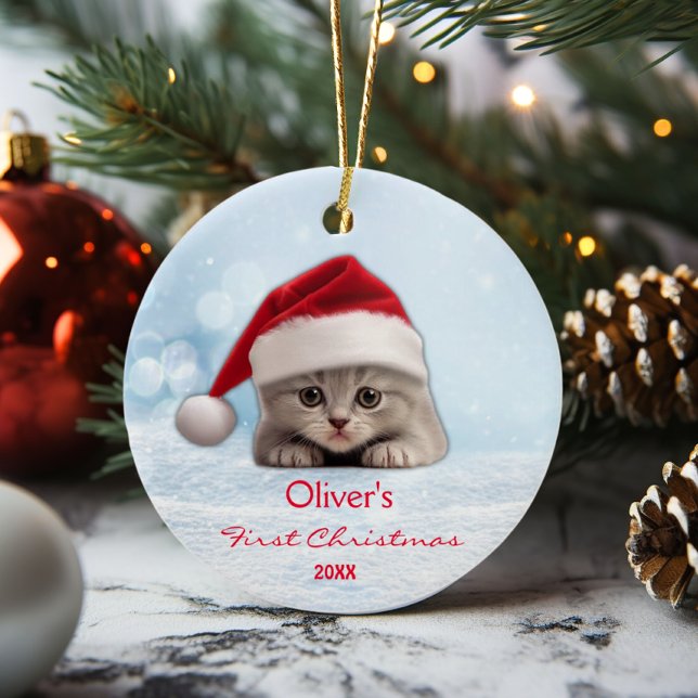 Cute Shorthair Cat Santa Hat Paw Personalized  Ceramic Ornament (Creator Uploaded)