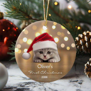 Cute Shorthair Cat Santa Hat Paw Personalized Gold Ceramic Ornament