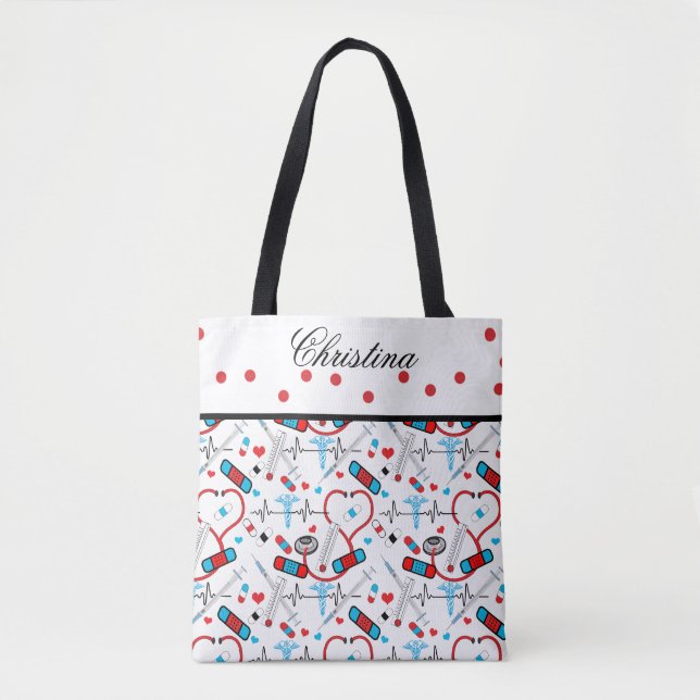 Cute Shots Nurse | Doctor EKG Pattern Name Tote Bag (Front)