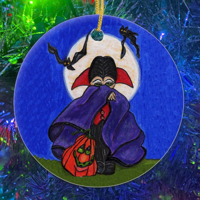 Cute Shy Little Vampire Bats Moon Ceramic Ornament (Cute Dracula ornament.  Custom text on back)