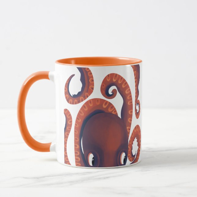 Cute Shy Orange Peeking Octopus Sea Life Mug (Left)