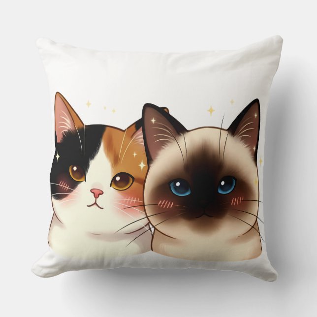 Cute Siamese & Calico Cat Portrait Duo | Adorable  Throw Pillow (Front)