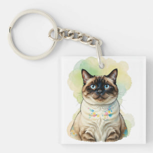 Cute Siamese Cat Blue Eyes Watercolor Pet Art Keychain