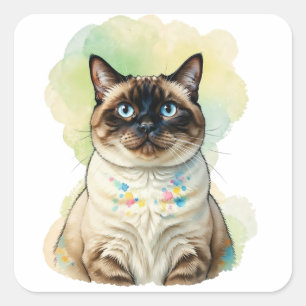 Cute Siamese Cat Blue Eyes Watercolor Pet Art Square Sticker