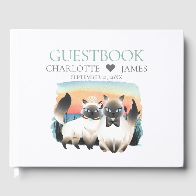 Cute Siamese Cat Bride Groom Couple Wedding Guest Book (Front)
