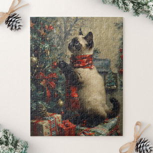 Cute Siamese Cat Christmas Vintage Jigsaw Puzzle