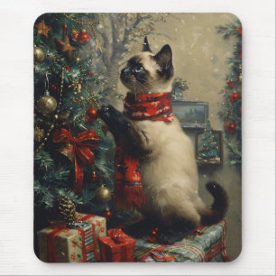 Cute Siamese Cat Christmas Vintage Mouse Pad