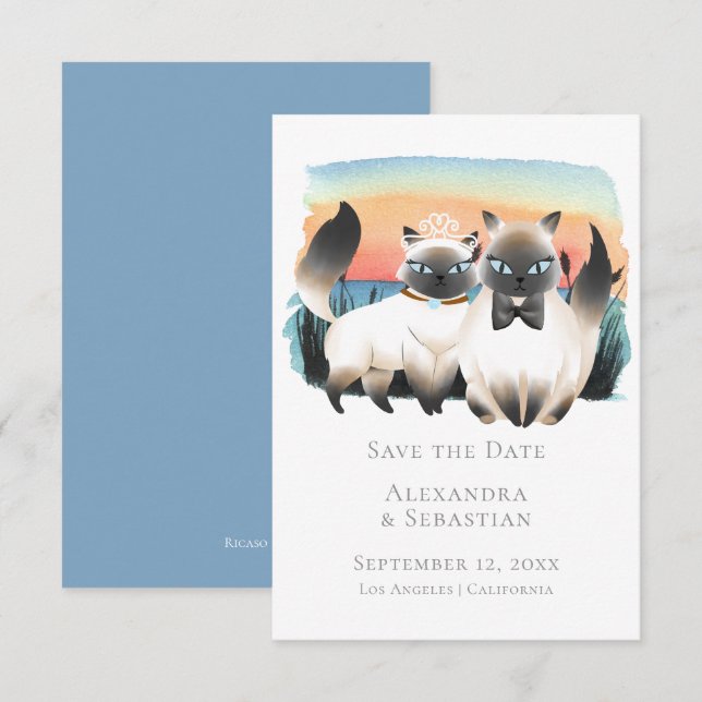 Cute Siamese Cat Couple Save The Date Wedding Invitation (Front/Back)