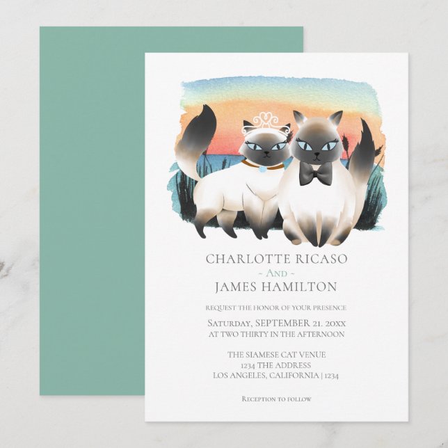 Cute Siamese Cat Couple Wedding Personalized Invitation (Front/Back)