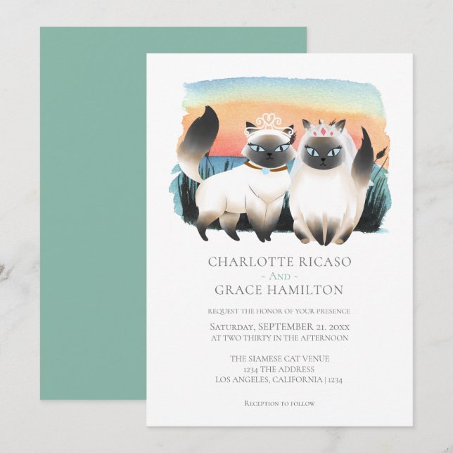 Cute Siamese Cat Gay Couple Wedding Personalized Invitation (Front/Back)