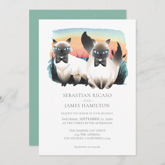 Cute Siamese Cat Gay Couple Wedding Personalized Invitation (Front/Back)