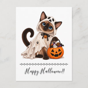 Cute Siamese Cat Ghost Halloween Holiday Postcard