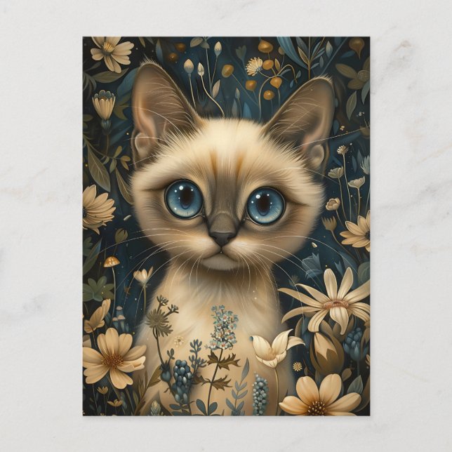 Cute Siamese Cat in a Flower Garden - Whimsical Postcard (Front)