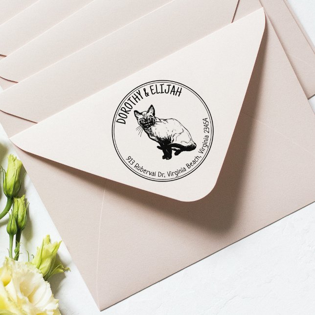 Cute Siamese Cat Return Address Couple, Circle  Rubber Stamp (Creator Uploaded)