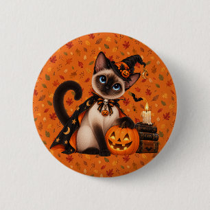 Cute Siamese Cat Witch Halloween 2 Inch Round Button
