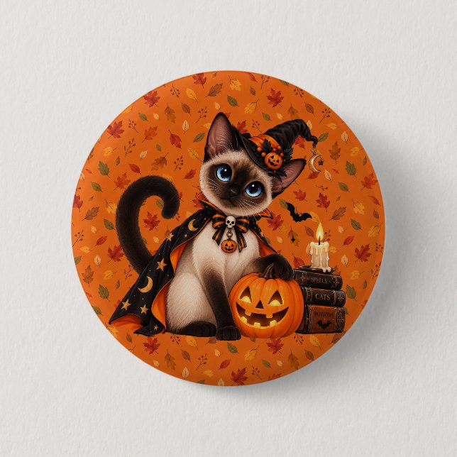 Cute Siamese Cat Witch Halloween 2 Inch Round Button (Front)