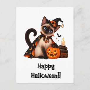 Cute Siamese Cat Witch Halloween Postcard