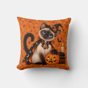 Cute Siamese Cat Witch Halloween Throw Pillow