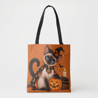 Cute Siamese Cat Witch Halloween Tote Bag