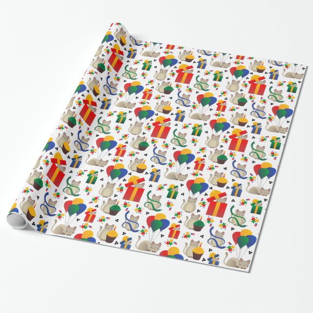 Cute Siamese Cats and Presents Wrapping Paper (Unrolled)