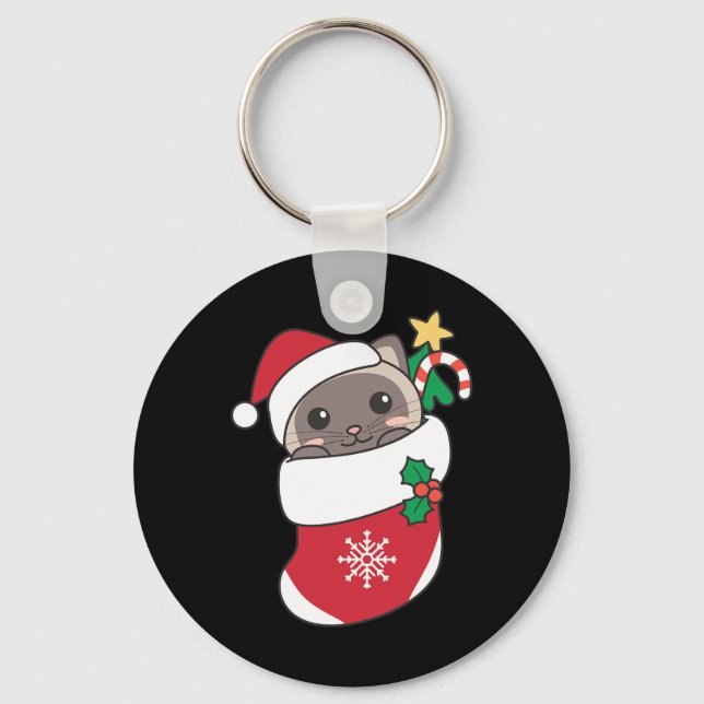 Cute Siamese Cats In Christmas Stockings For Chris Keychain (Front)