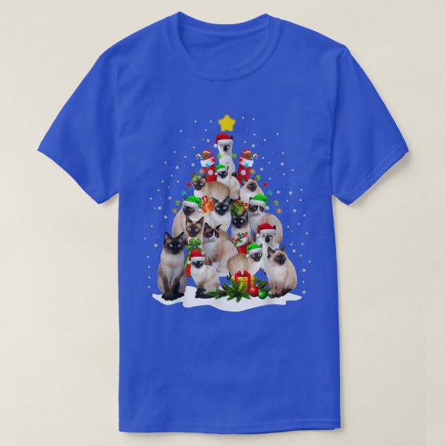 Cute Siamese Cats Tree Merry Christmas Cat Lover  T-Shirt (Design Front)