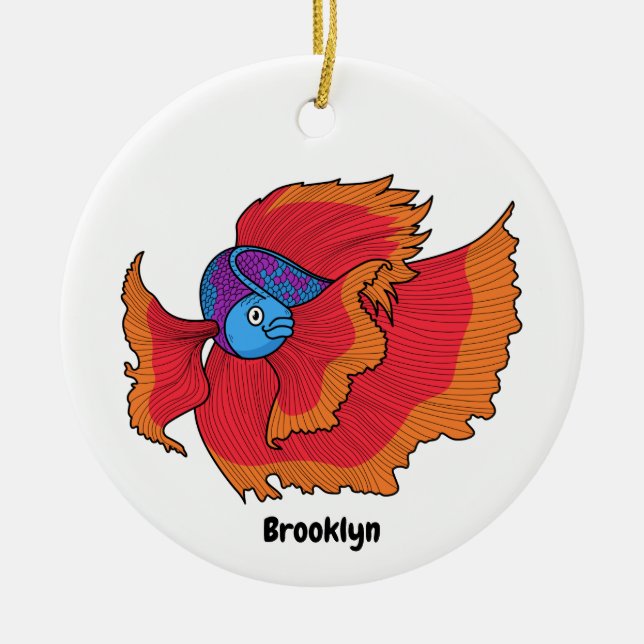 Cute Siamese fighting fish betta cartoon Ceramic Ornament (Front)