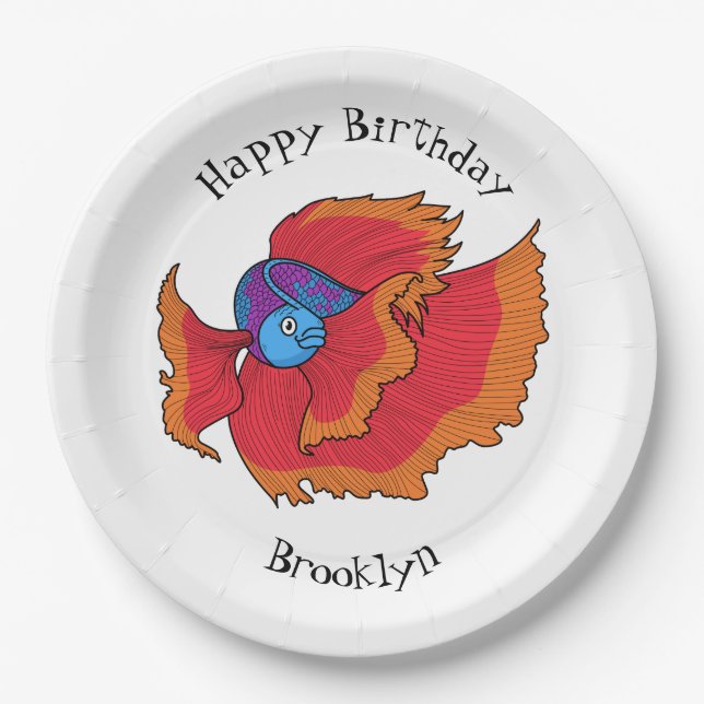 Cute Siamese fighting fish betta cartoon  Paper Plate (Front)