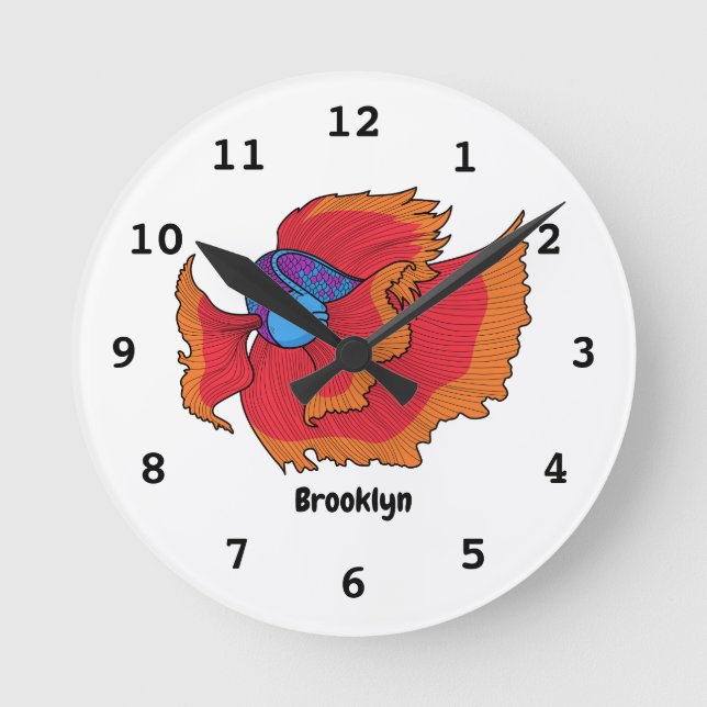 Cute Siamese fighting fish betta cartoon  Round Clock (Front)