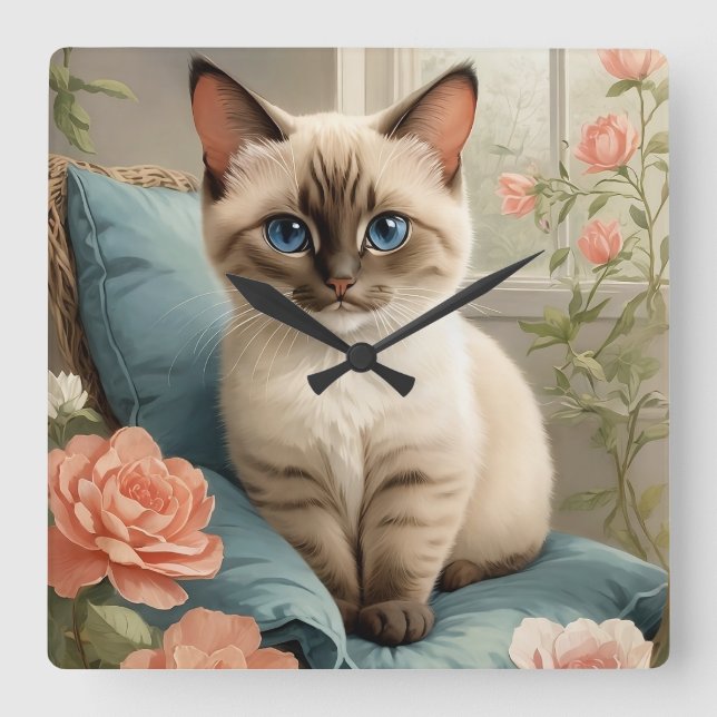 Cute Siamese Kitten Square Wall Clock (Front)