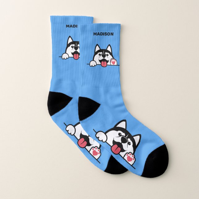 Cute Siberian Husky custom name & colour Socks (Pair)