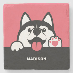 Cute Siberian Husky custom name & colour Stone Coaster